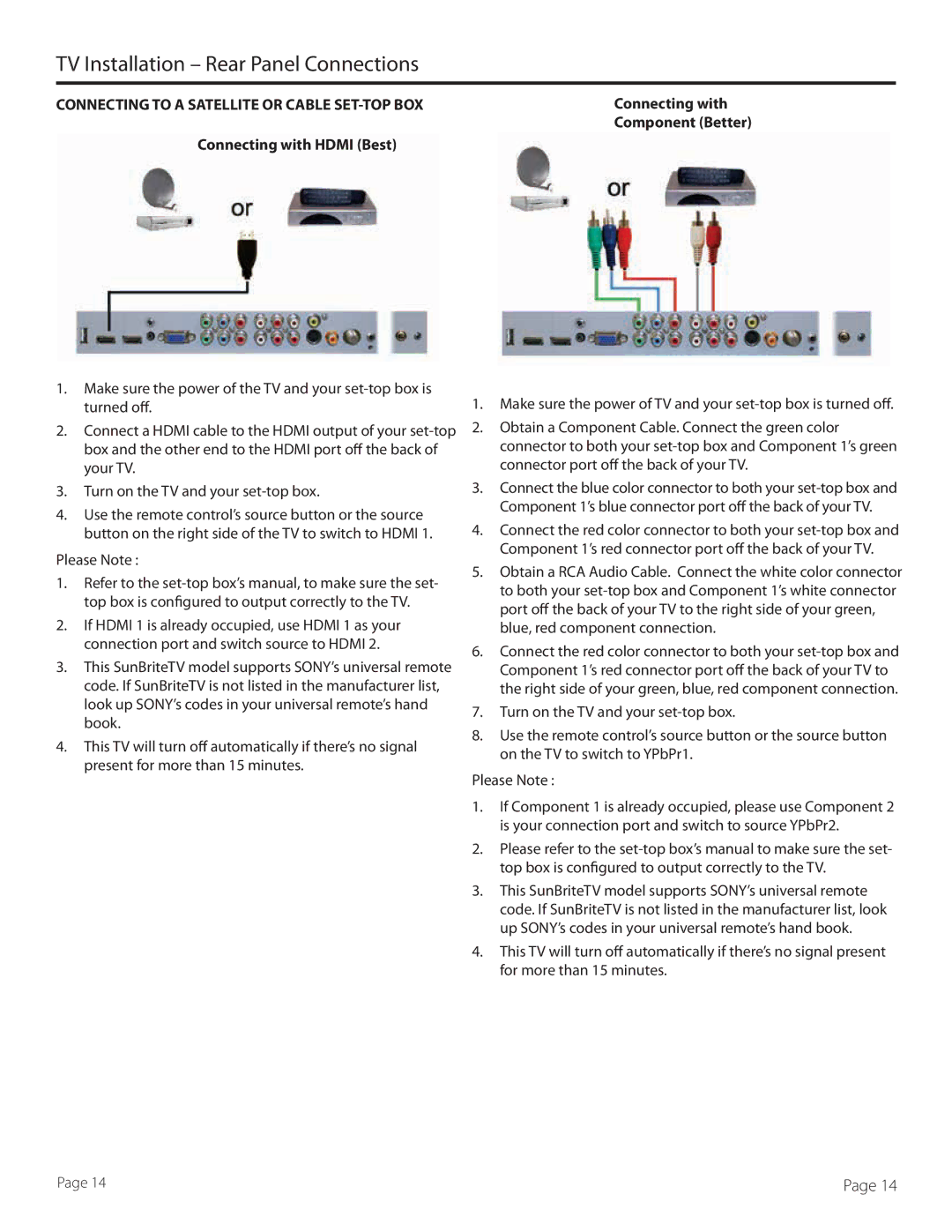 SunBriteTV SB5560HDSL, SB5560HDBL manual Connecting to a Satellite or Cable SET-TOP BOX, Connecting with Hdmi Best 