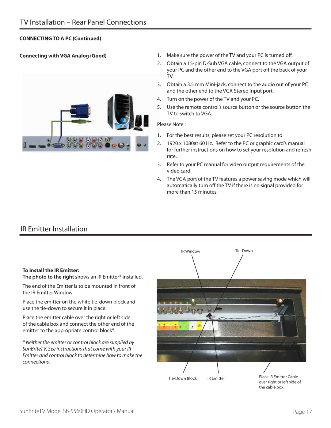 SunBriteTV SB-5560HD-BL, SB5560HDSL, SB5560HDBL IR Emitter Installation, Connecting to a PC Connecting with VGA Analog Good 