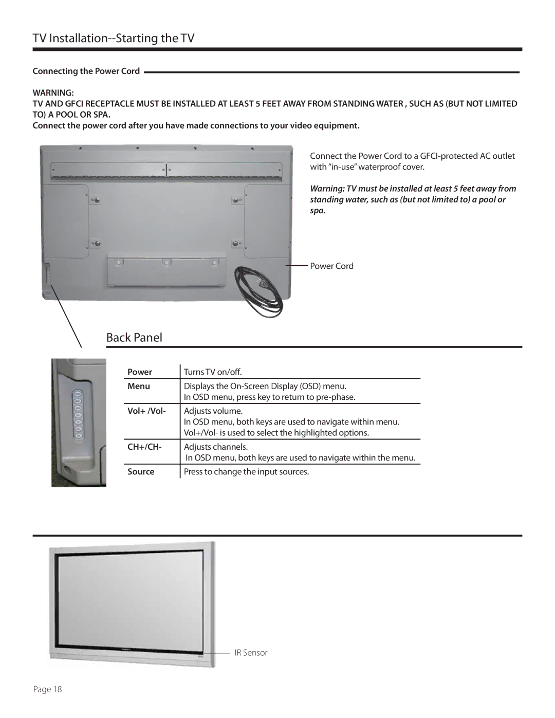 SunBriteTV SB-5560HD-SL, SB5560HDSL, SB5560HDBL, SB-5560HD-BL manual TV Installation--Starting the TV, Back Panel, Ch+/Ch 