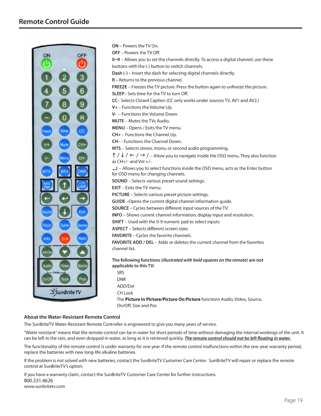 SunBriteTV SB5560HDSL, SB5560HDBL, SB-5560HD-BL manual Remote Control Guide, About the Water-Resistant Remote Control 