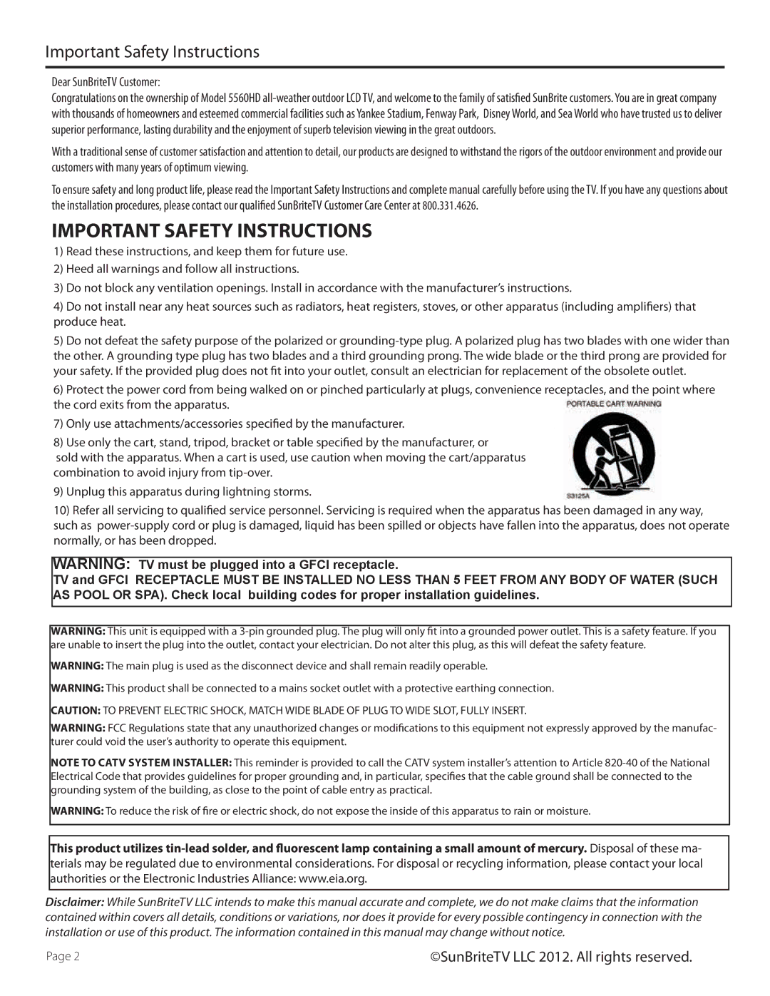 SunBriteTV SB-5560HD-BL, SB5560HDSL, SB5560HDBL, SB-5560HD-SL manual Important Safety Instructions, Dear SunBriteTV Customer 