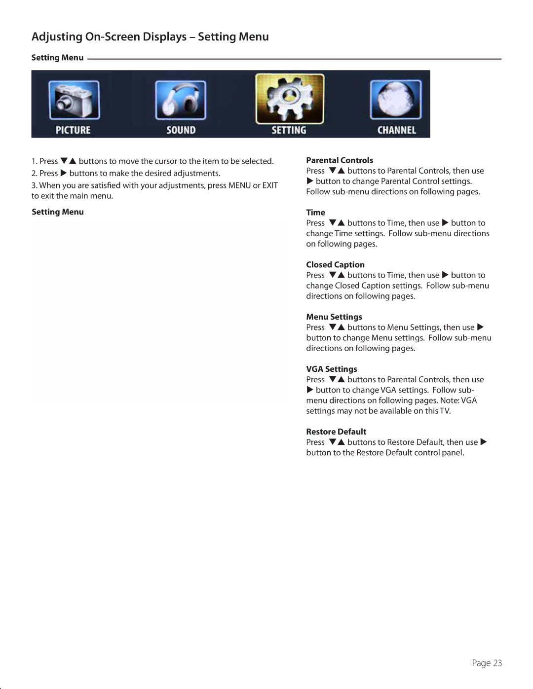 SunBriteTV SB-5560HD-SL, SB5560HDSL Setting Menu Parental Controls, Time, Closed Caption, Menu Settings, VGA Settings 