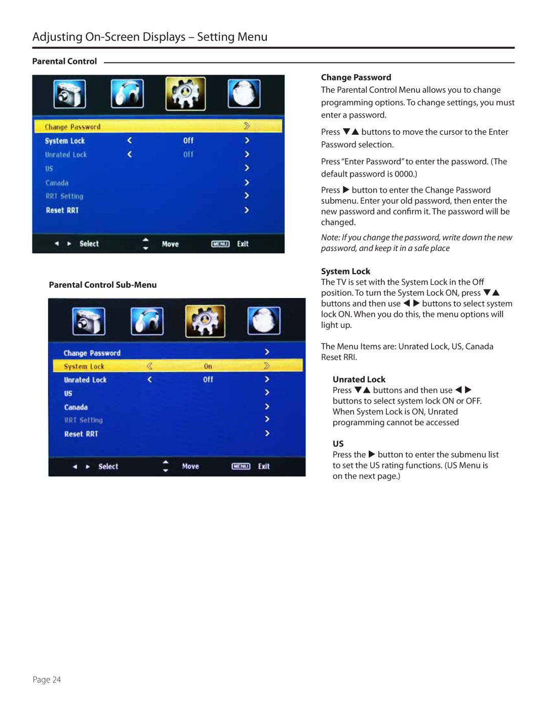 SunBriteTV 5560HD Adjusting On-Screen Displays Setting Menu, Parental Control Parental Control Sub-Menu Change Password 