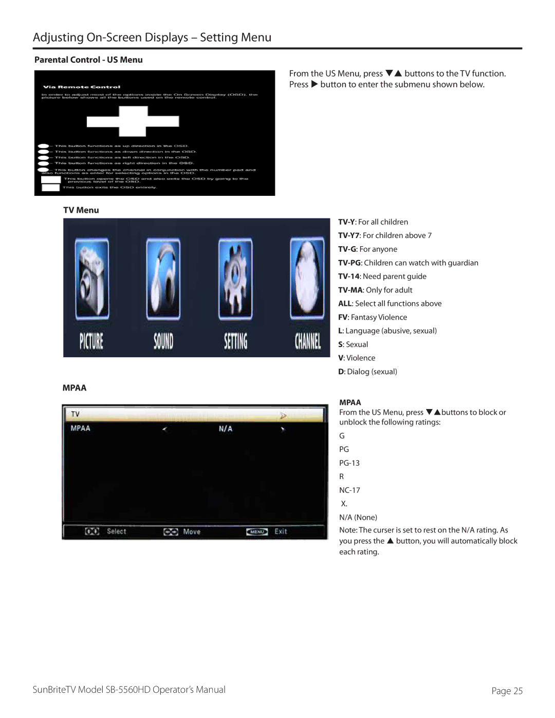 SunBriteTV SB5560HDSL, SB5560HDBL, SB-5560HD-BL, SB-5560HD-SL manual Parental Control US Menu, TV Menu, Mpaa 