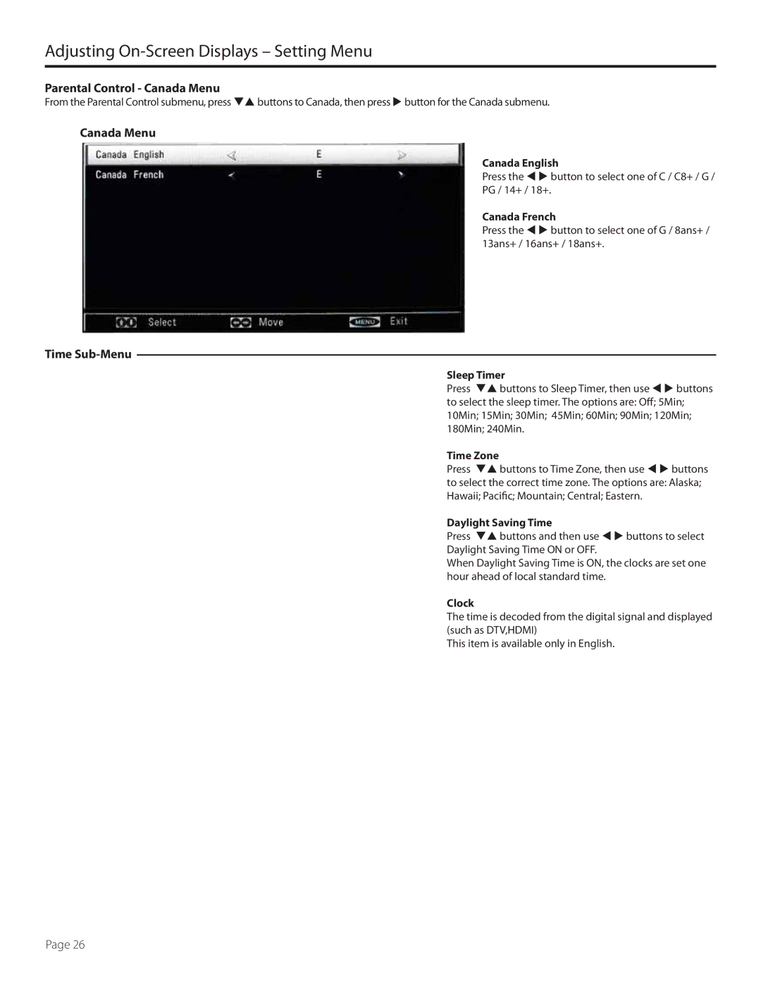 SunBriteTV SB5560HDBL, SB5560HDSL, SB-5560HD-BL, SB-5560HD-SL manual Parental Control Canada Menu, Time Sub-Menu 