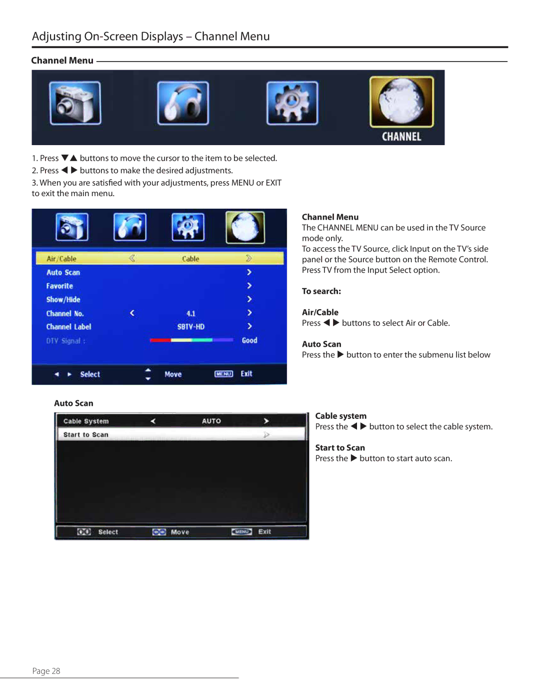 SunBriteTV SB-5560HD-SL, SB5560HDSL, SB5560HDBL, SB-5560HD-BL manual Adjusting On-Screen Displays Channel Menu 