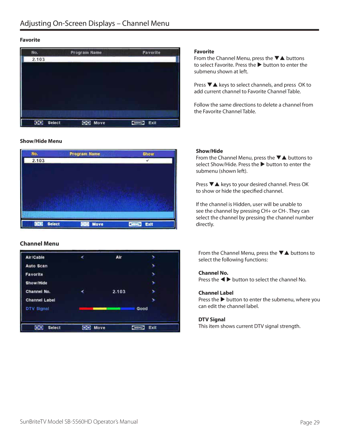 SunBriteTV SB5560HDSL, SB5560HDBL, SB-5560HD-BL manual Favorite, Show/Hide Menu, Channel No, Channel Label, DTV Signal 