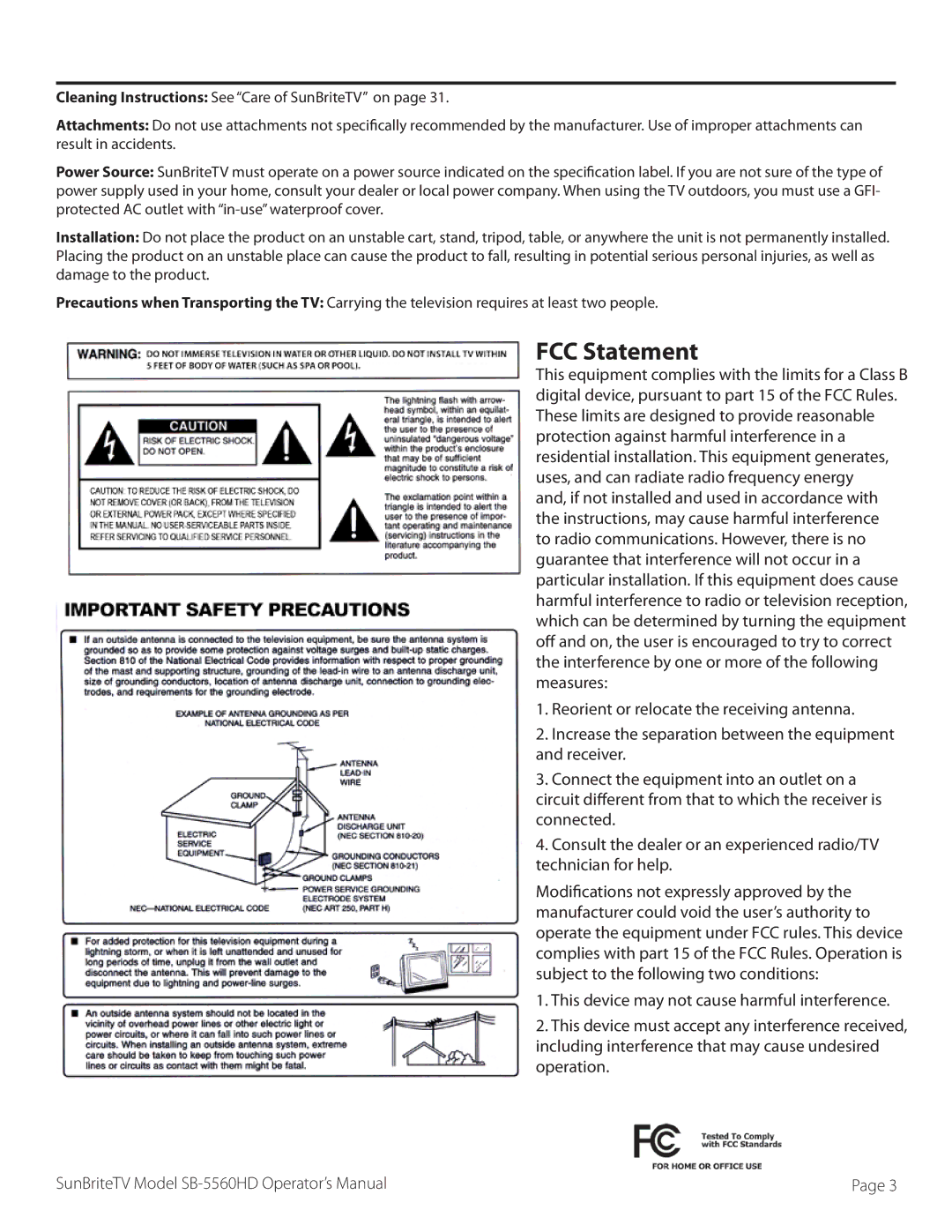 SunBriteTV SB-5560HD-SL, SB5560HDSL, SB5560HDBL, SB-5560HD-BL manual FCC Statement 