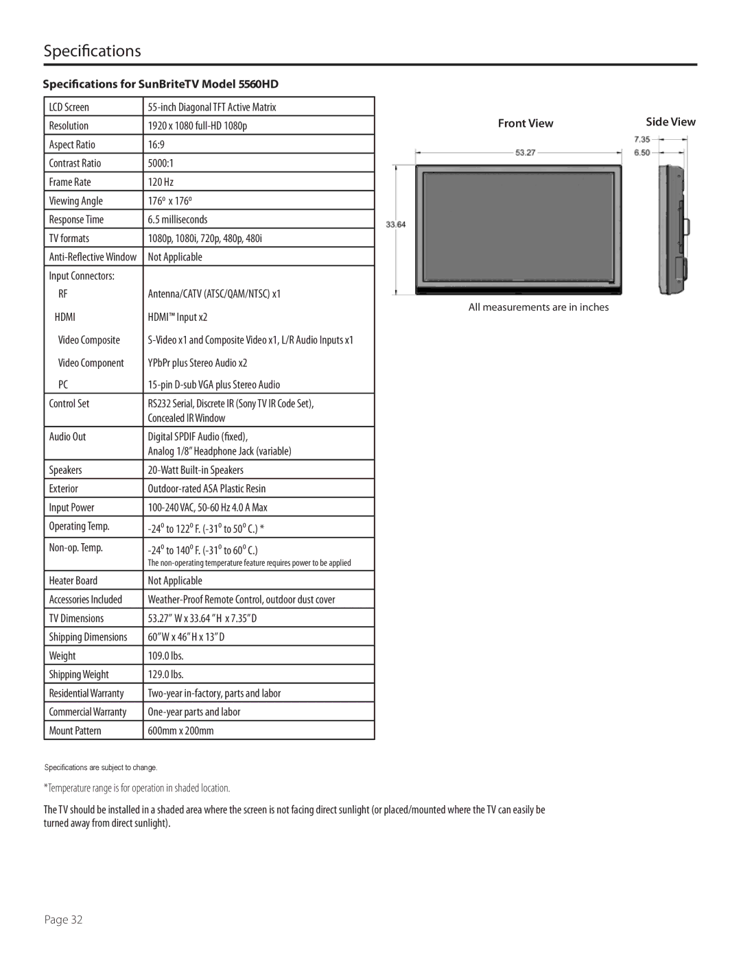 SunBriteTV SB-5560HD-BL, SB5560HDSL, SB5560HDBL, SB-5560HD-SL Specifications for SunBriteTV Model 5560HD, Front View 