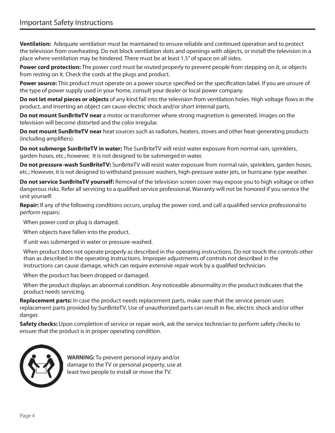 SunBriteTV SB5560HDSL, SB5560HDBL, SB-5560HD-BL, SB-5560HD-SL manual Important Safety Instructions 