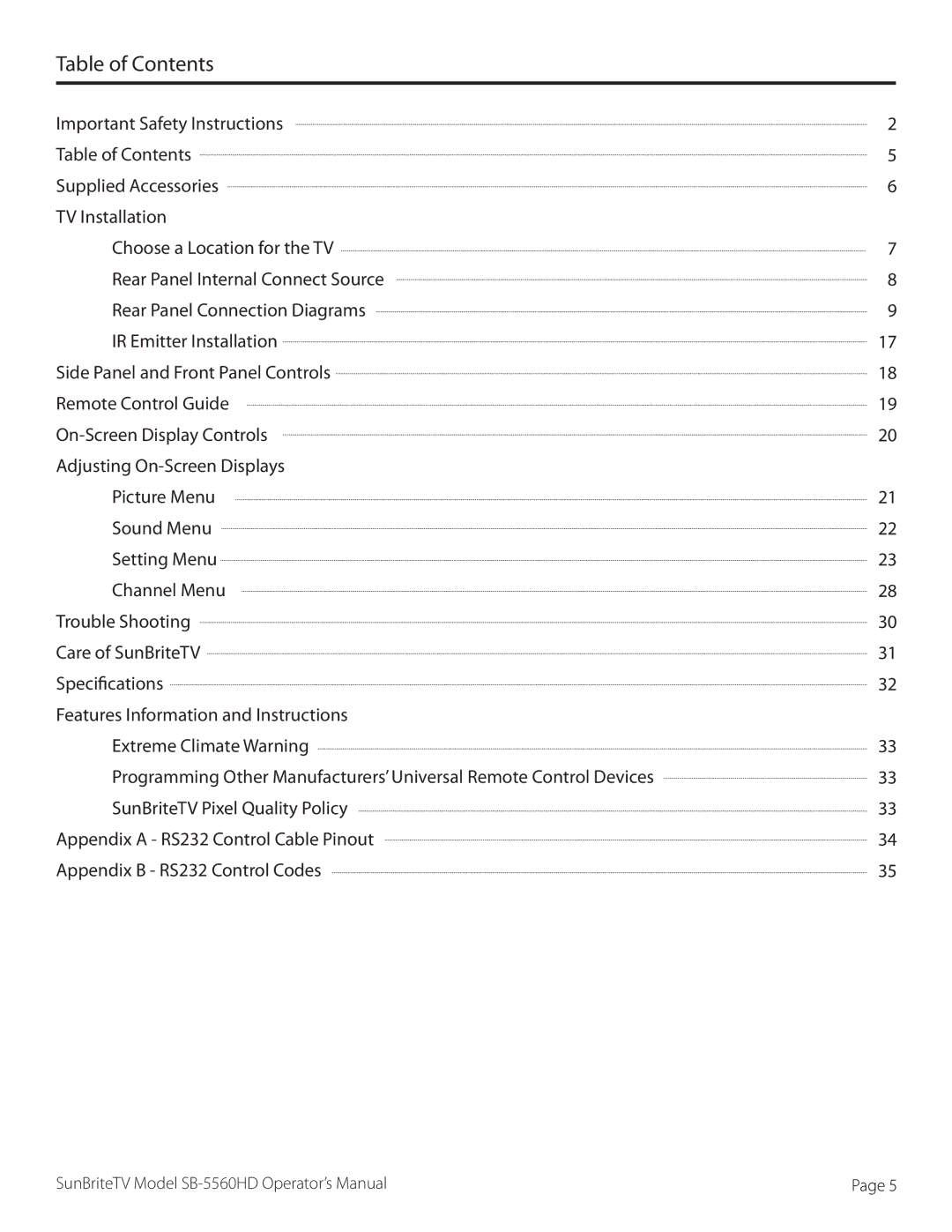SunBriteTV SB5560HDSL, SB5560HDBL, SB-5560HD-BL, SB-5560HD-SL manual Table of Contents 