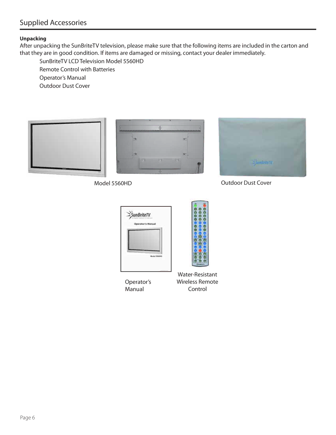 SunBriteTV SB5560HDBL, SB5560HDSL, SB-5560HD-BL, SB-5560HD-SL manual Supplied Accessories, Unpacking 