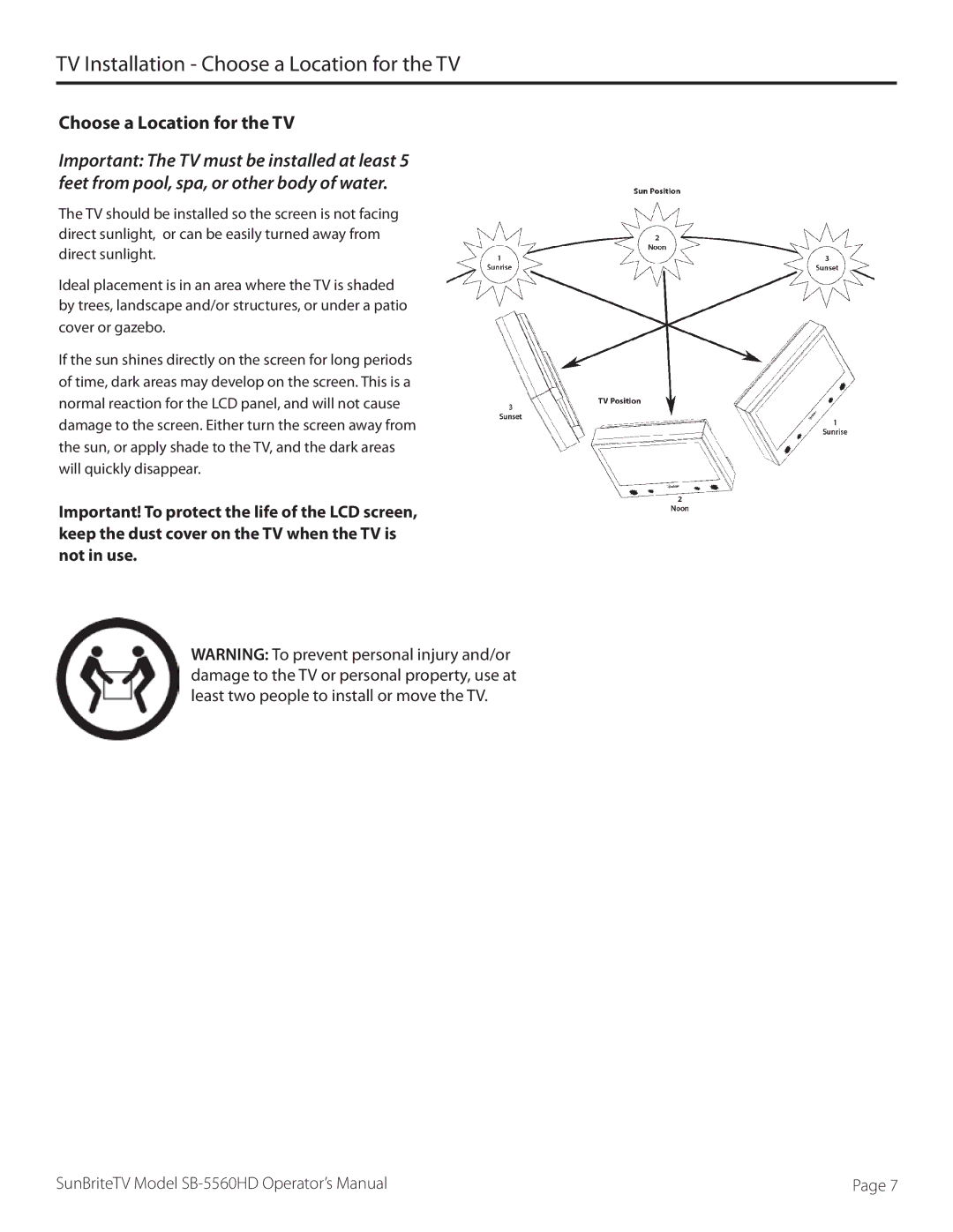 SunBriteTV SB-5560HD-BL, SB5560HDSL, SB5560HDBL, SB-5560HD-SL manual TV Installation Choose a Location for the TV 