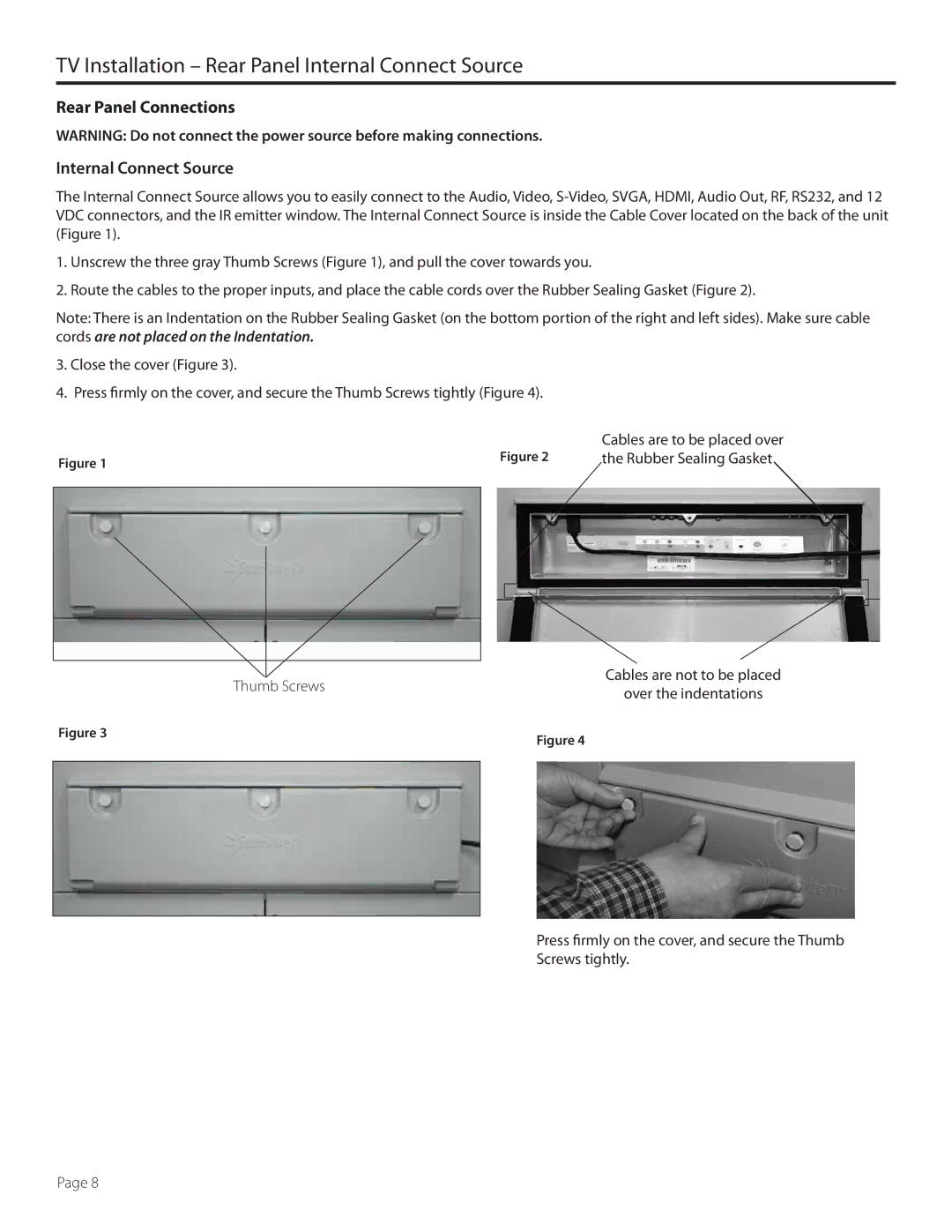 SunBriteTV SB-5560HD-SL TV Installation Rear Panel Internal Connect Source, Rear Panel Connections Internal Connect Source 