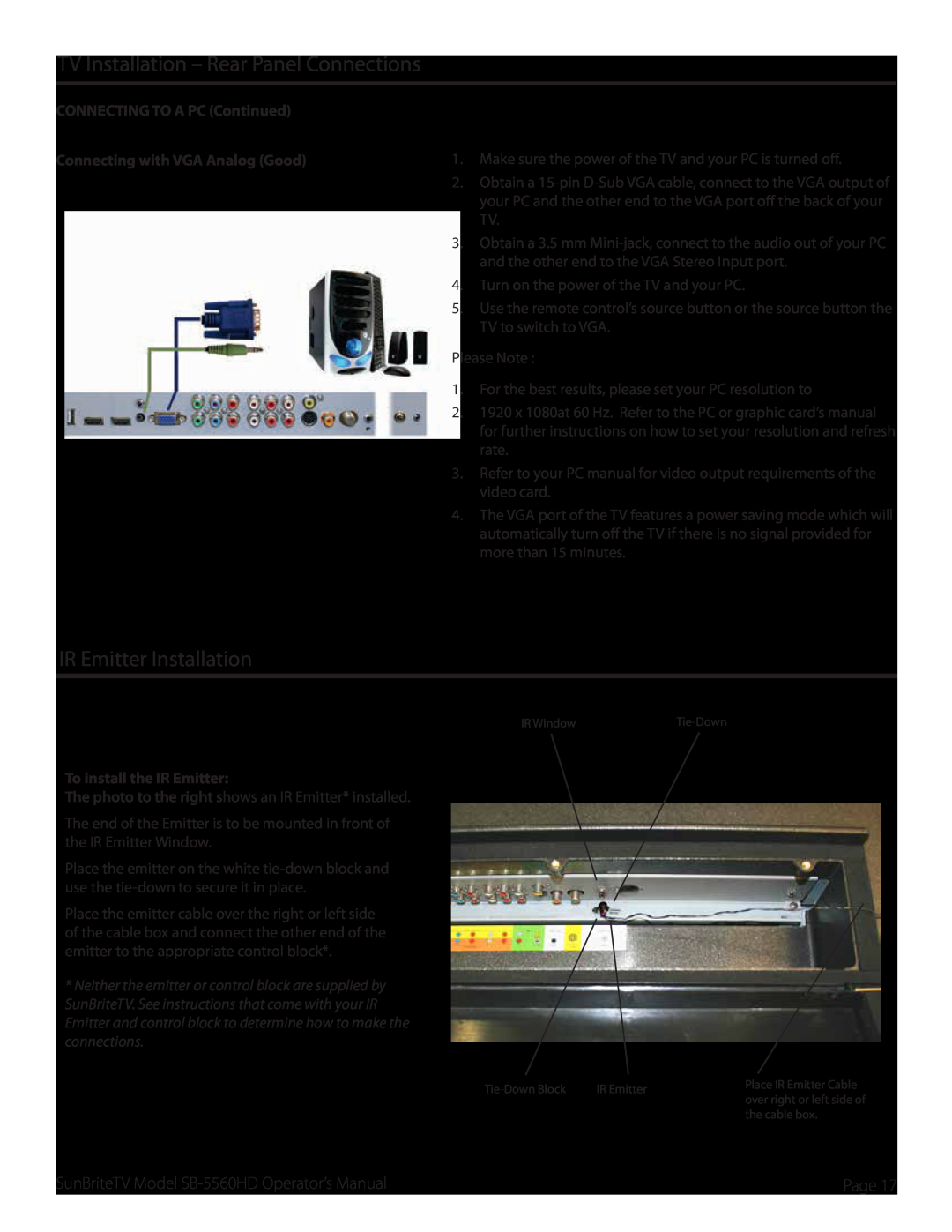 SunBriteTV SB-5560HD-BL manual IR Emitter Installation, TV Installation - Rear Panel Connections, To install the IR Emitter 