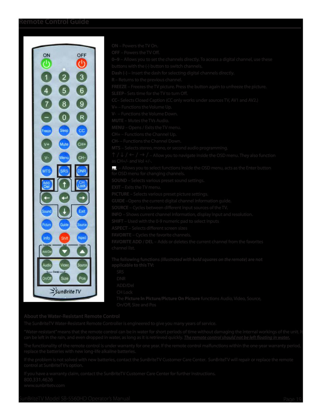 SunBriteTV SB5560HDSL, SB5560HDBL, SB-5560HD-BL manual Remote Control Guide, About the Water-Resistant Remote Control 