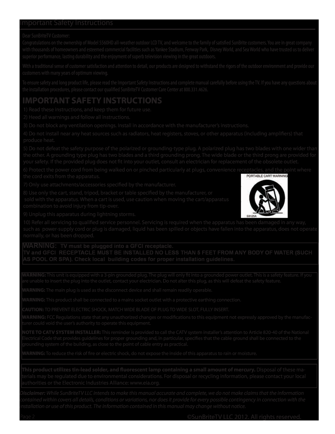 SunBriteTV SB-5560HD-BL Important Safety Instructions, Dear SunBriteTV Customer, SunBriteTV LLC 2012. All rights reserved 