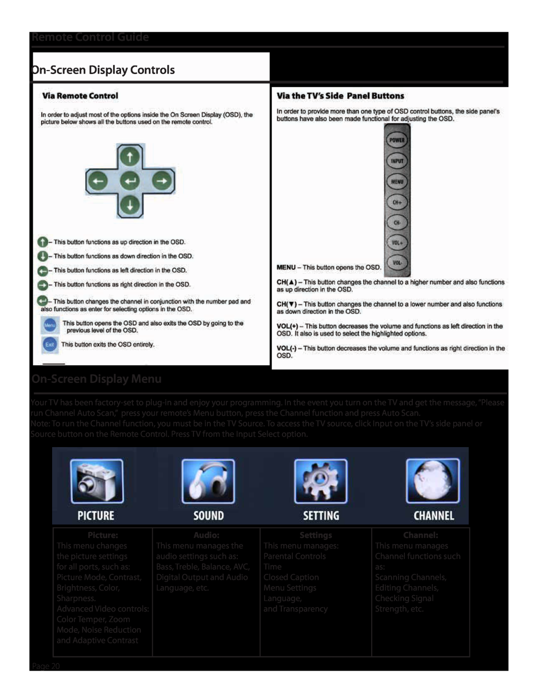 SunBriteTV SB5560HDSL Remote Control Guide On-Screen Display Controls, On-Screen Display Menu, Picture, Audio, Settings 