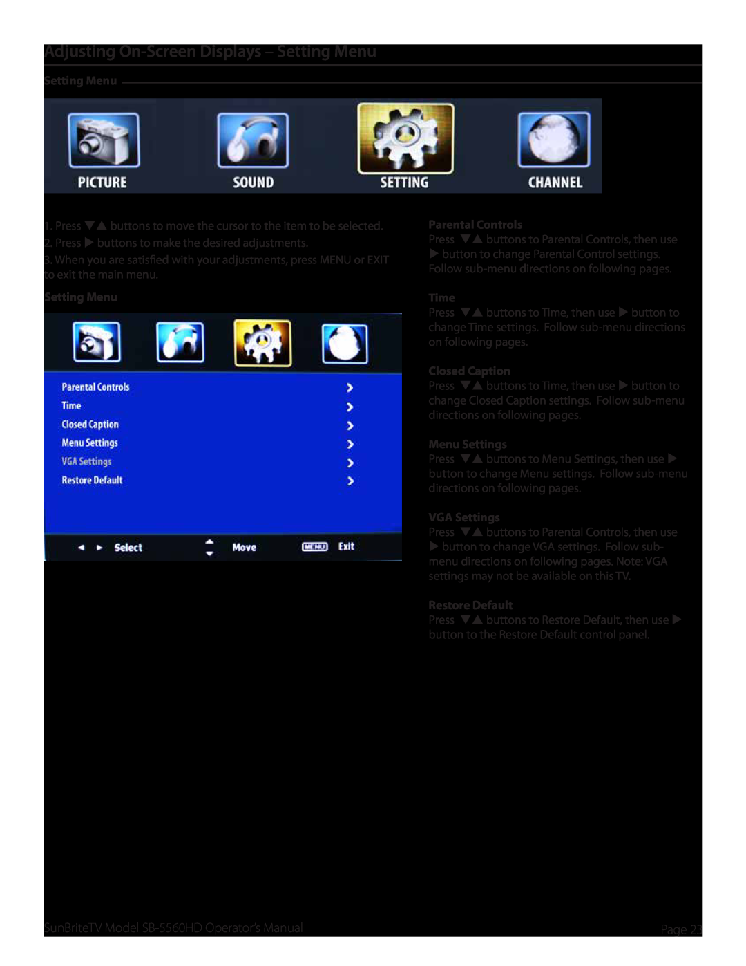 SunBriteTV SB-5560HD-SL Adjusting On-Screen Displays - Setting Menu, Parental Controls, Time, Closed Caption, VGA Settings 