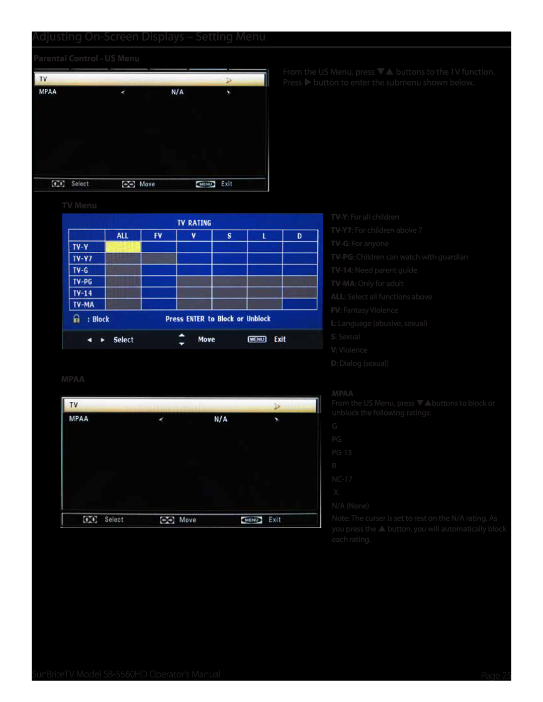 SunBriteTV SB5560HDSL, SB5560HDBL Adjusting On-Screen Displays - Setting Menu, Parental Control - US Menu, TV Menu, Mpaa 