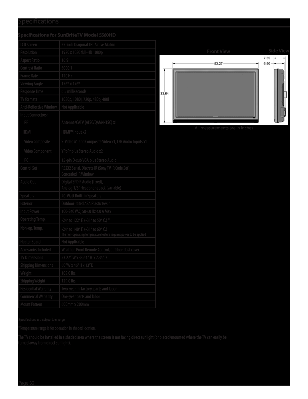SunBriteTV SB-5560HD-BL, SB5560HDSL, SB5560HDBL, SB-5560HD-SL Specifications for SunBriteTV Model 5560HD, Front View 