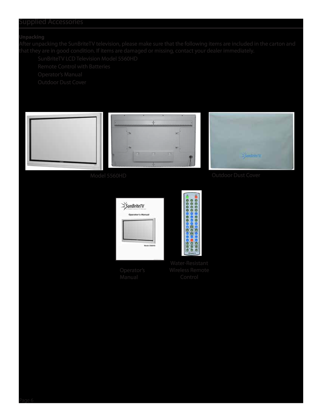 SunBriteTV SB5560HDBL, SB5560HDSL, SB-5560HD-BL, SB-5560HD-SL manual Supplied Accessories 