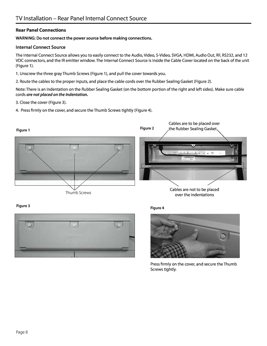 SunBriteTV SB-5560HD-SL manual TV Installation - Rear Panel Internal Connect Source, Rear Panel Connections, Thumb Screws 