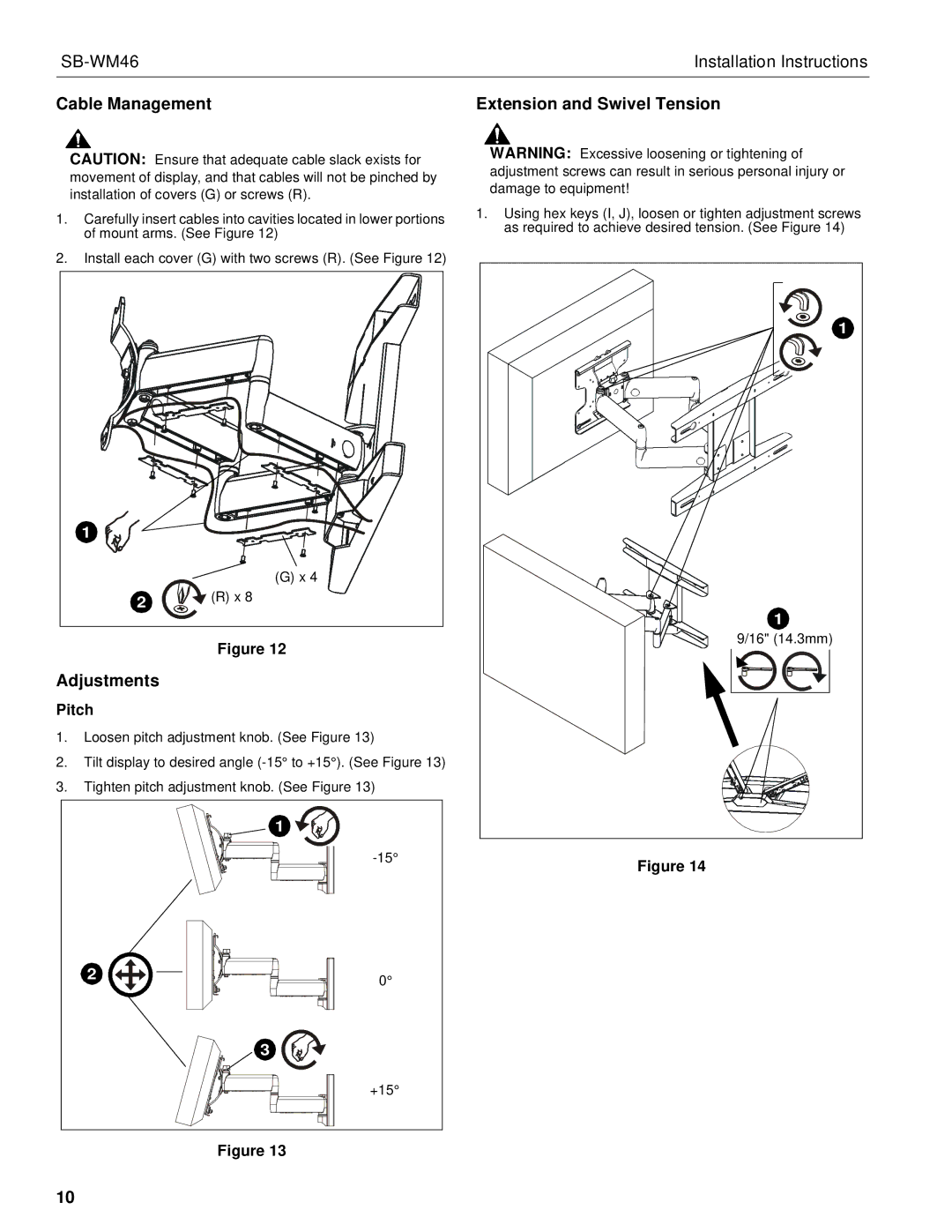 SunBriteTV SBWM46NA manual Cable Management Extension and Swivel Tension, Adjustments, Pitch 