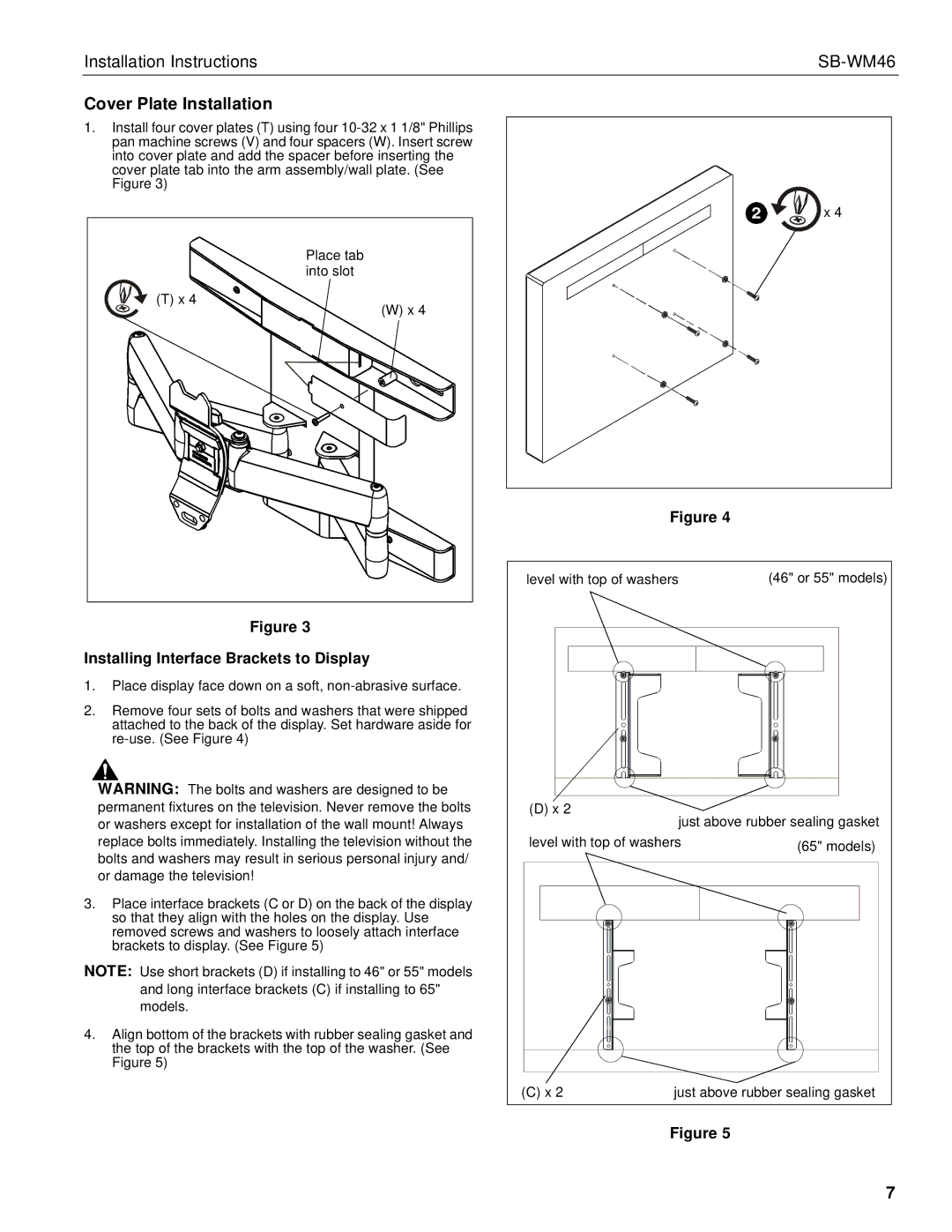 SunBriteTV SBWM46NA manual Cover Plate Installation, Installing Interface Brackets to Display 