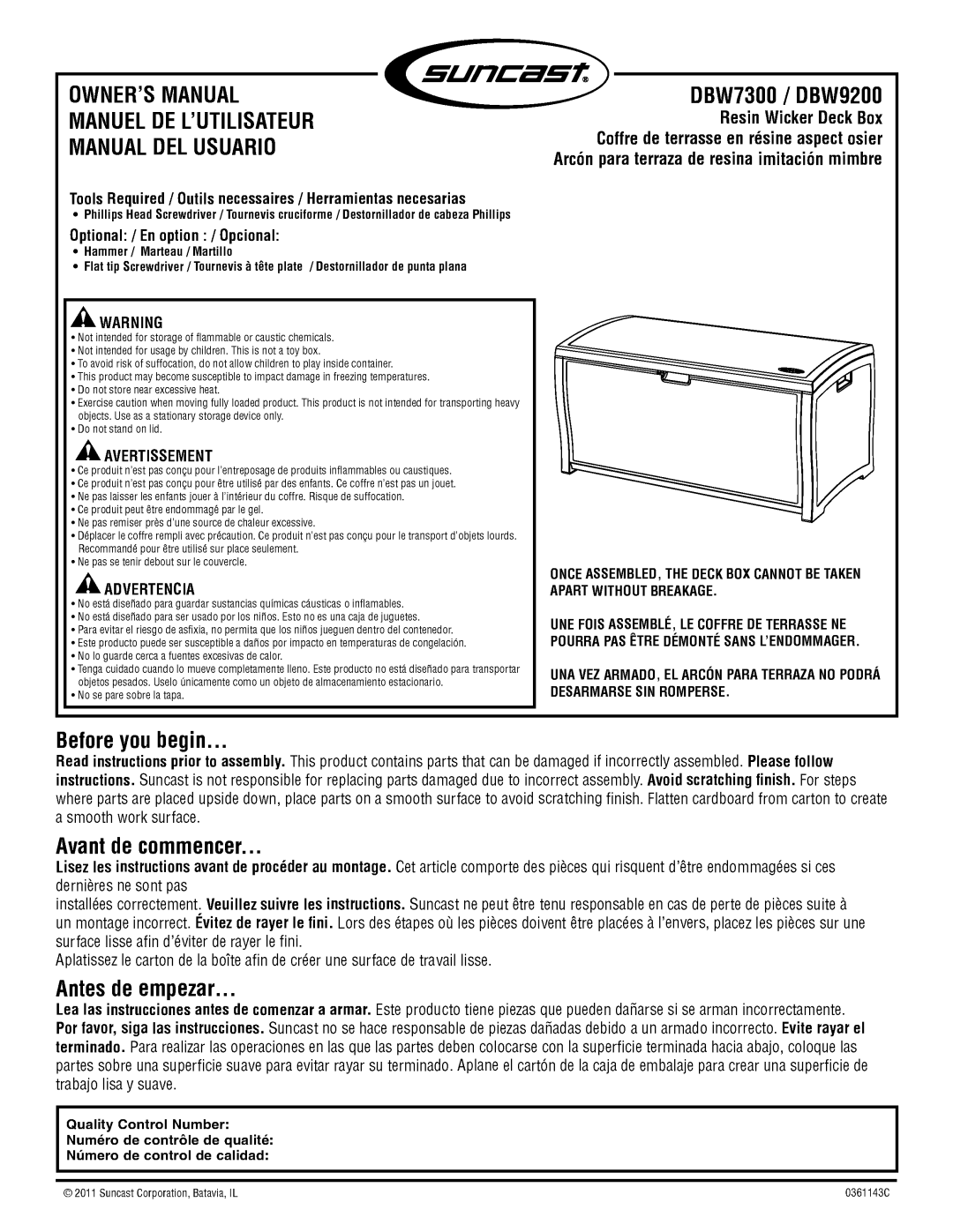 Suncast DBW9200, DBW7300 manual 