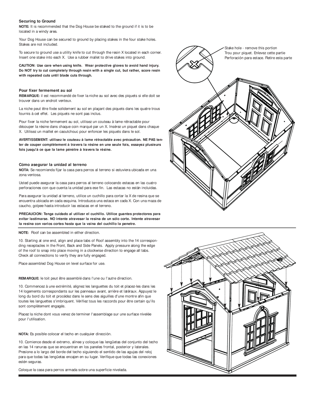 Suncast dh350 owner manual Securing to Ground, Pour fixer fermement au sol, Cómo asegurar la unidad al terreno 