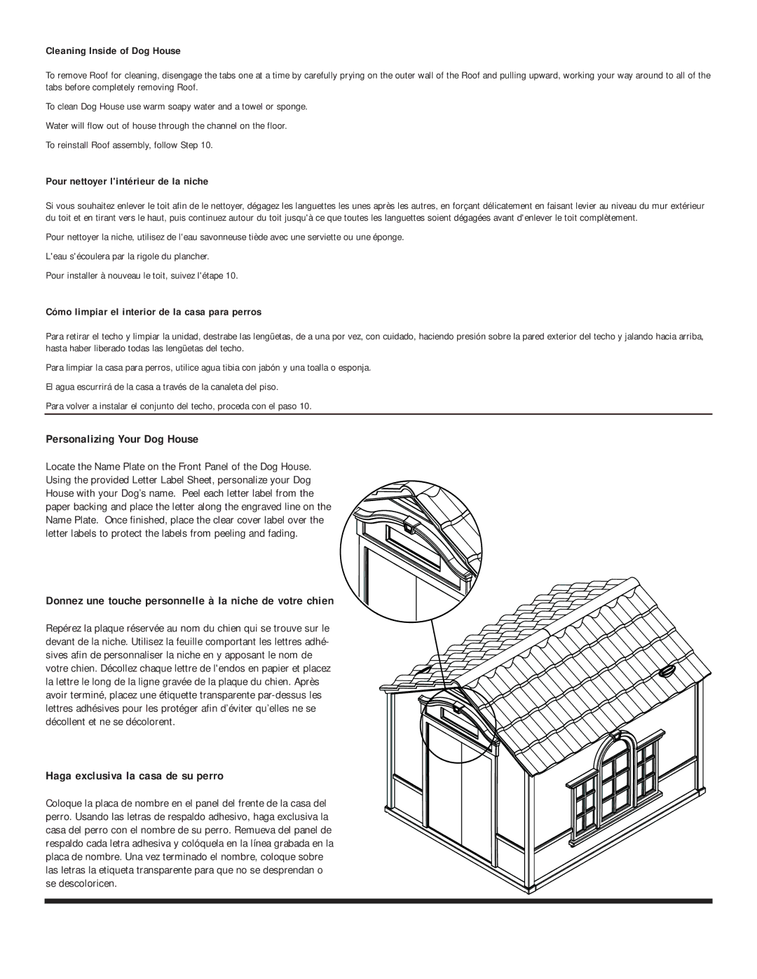 Suncast dh350 owner manual Cleaning Inside of Dog House, Pour nettoyer lintérieur de la niche 