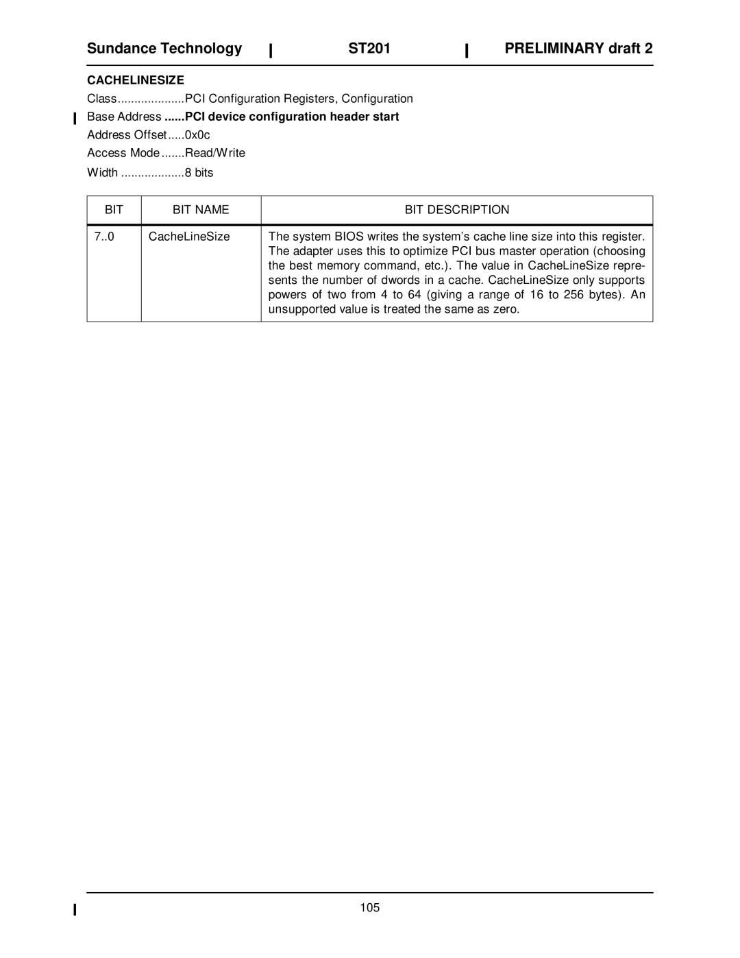 Sundance Spas ST201 manual Cachelinesize, BIT BIT Name 