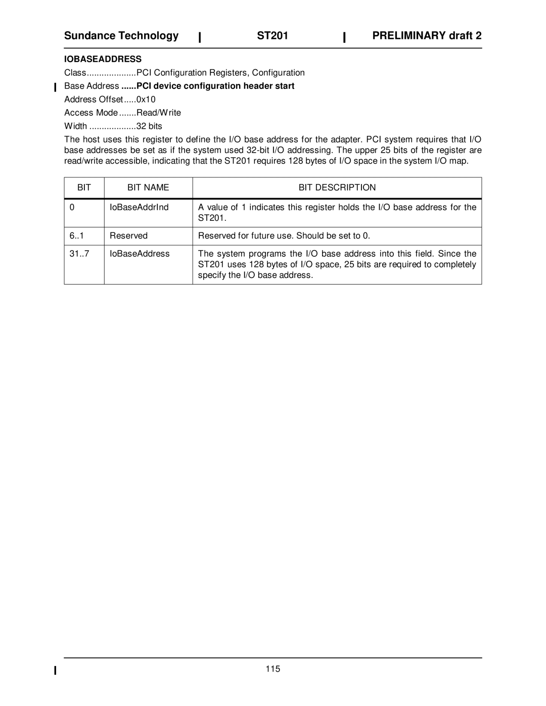 Sundance Spas ST201 manual Iobaseaddress, Bit 