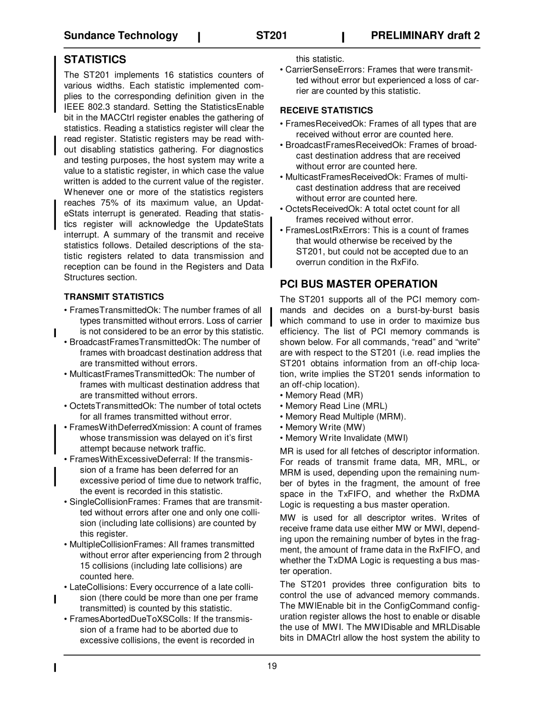 Sundance Spas ST201 manual PCI BUS Master Operation, Transmit Statistics, Receive Statistics 