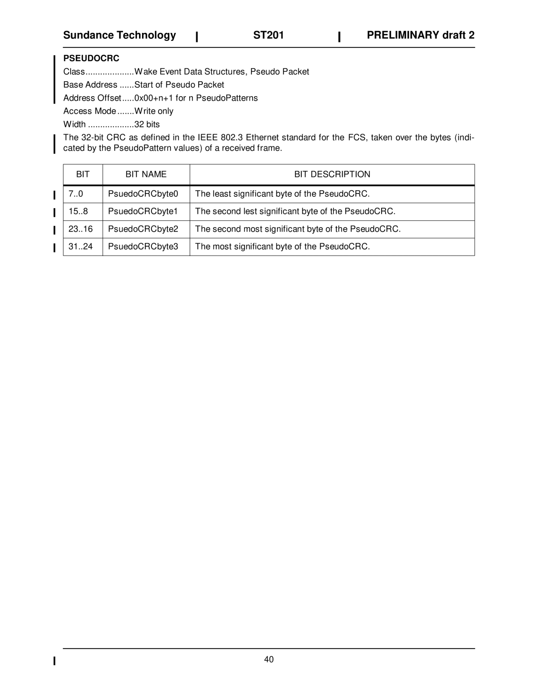 Sundance Spas ST201 manual Pseudocrc, Bit 