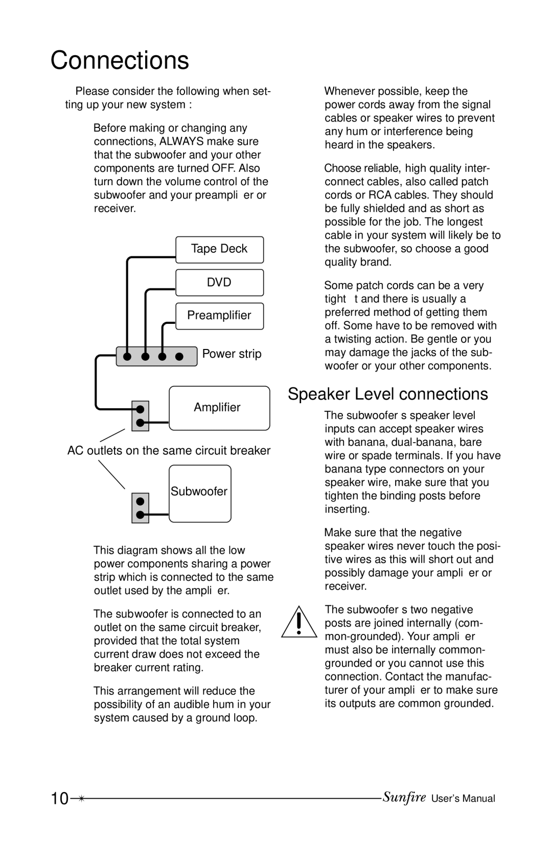 Sunfire 12 user manual Connections, Speaker Level connections 