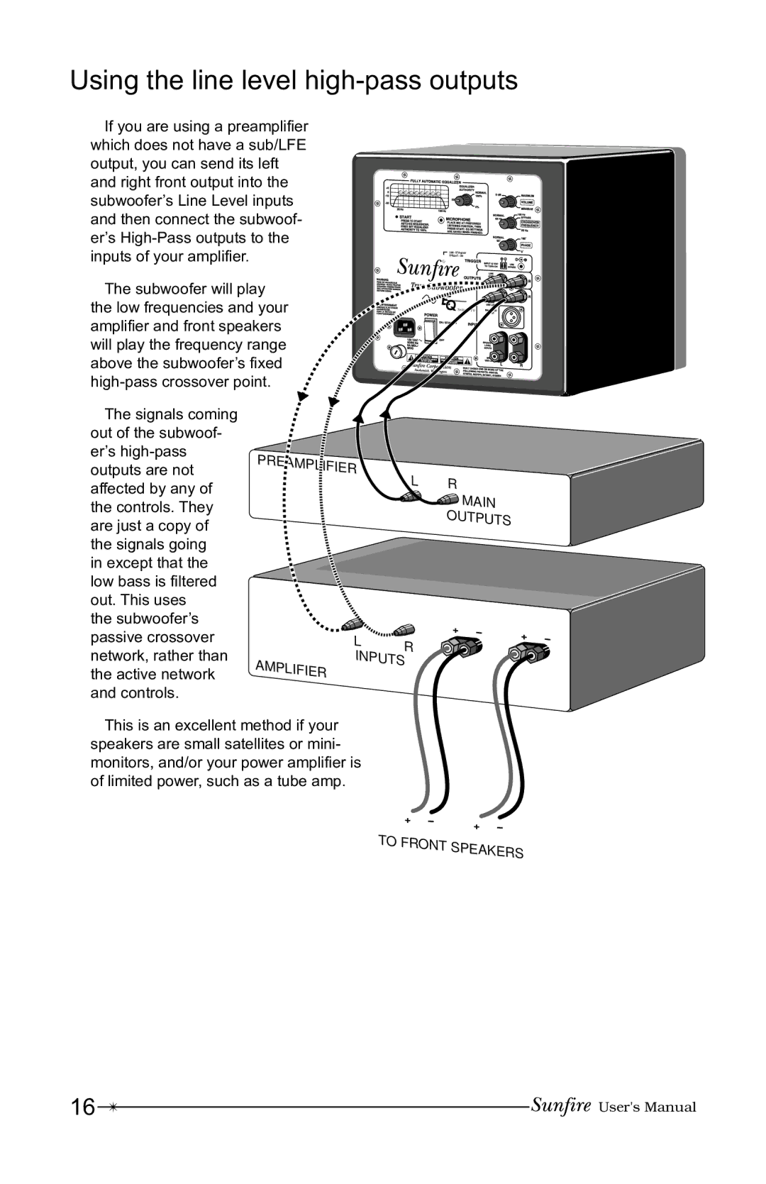 Sunfire 12 user manual Using the line level high-pass outputs 