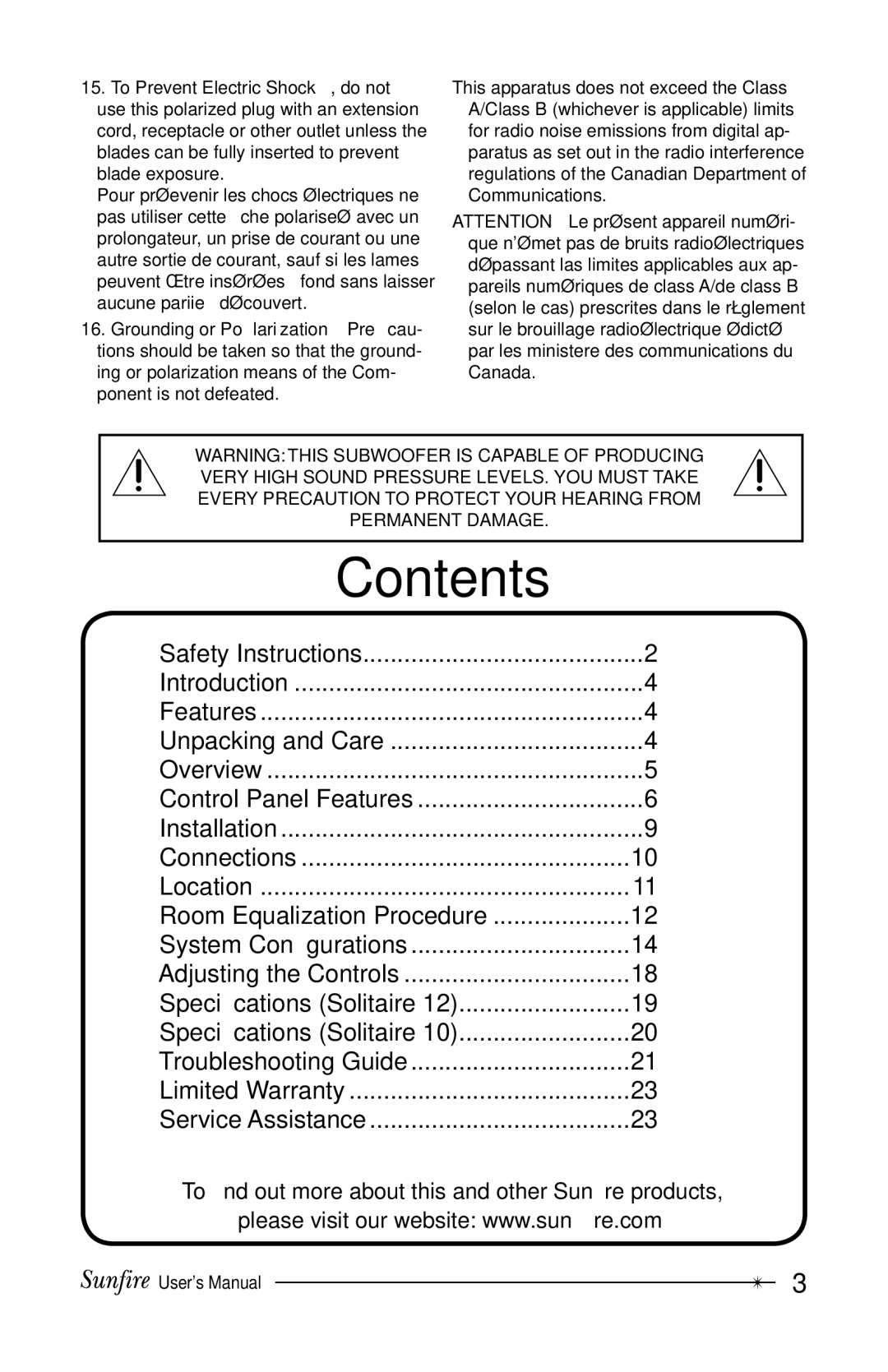 Sunfire 12 user manual Contents 