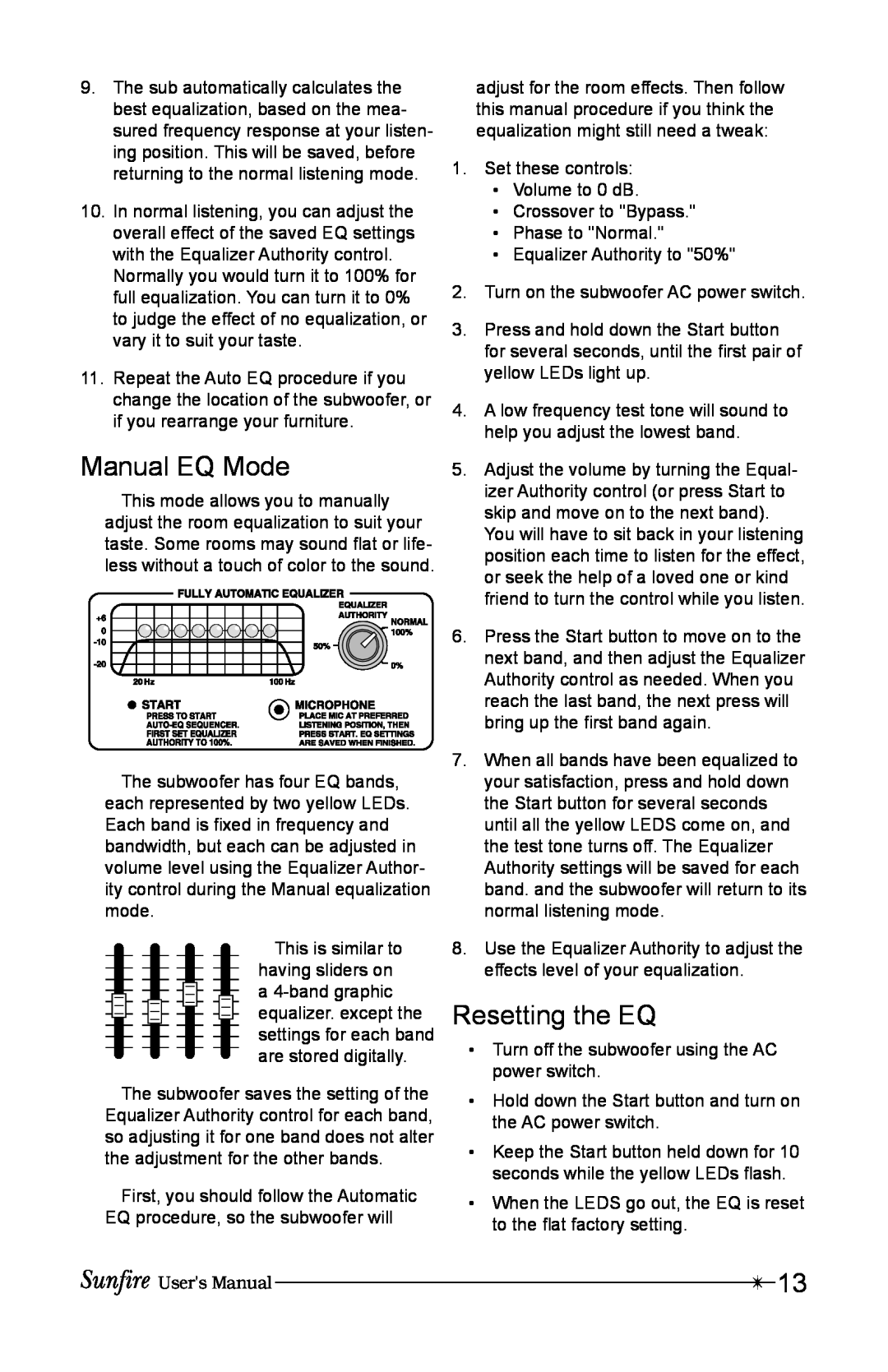 Sunfire 12 user manual Manual EQ Mode, Resetting the EQ 