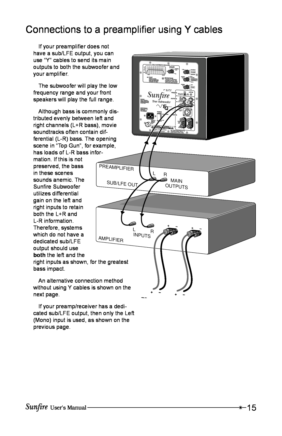 Sunfire 12 user manual Connections to a preampliÞer using Y cables 