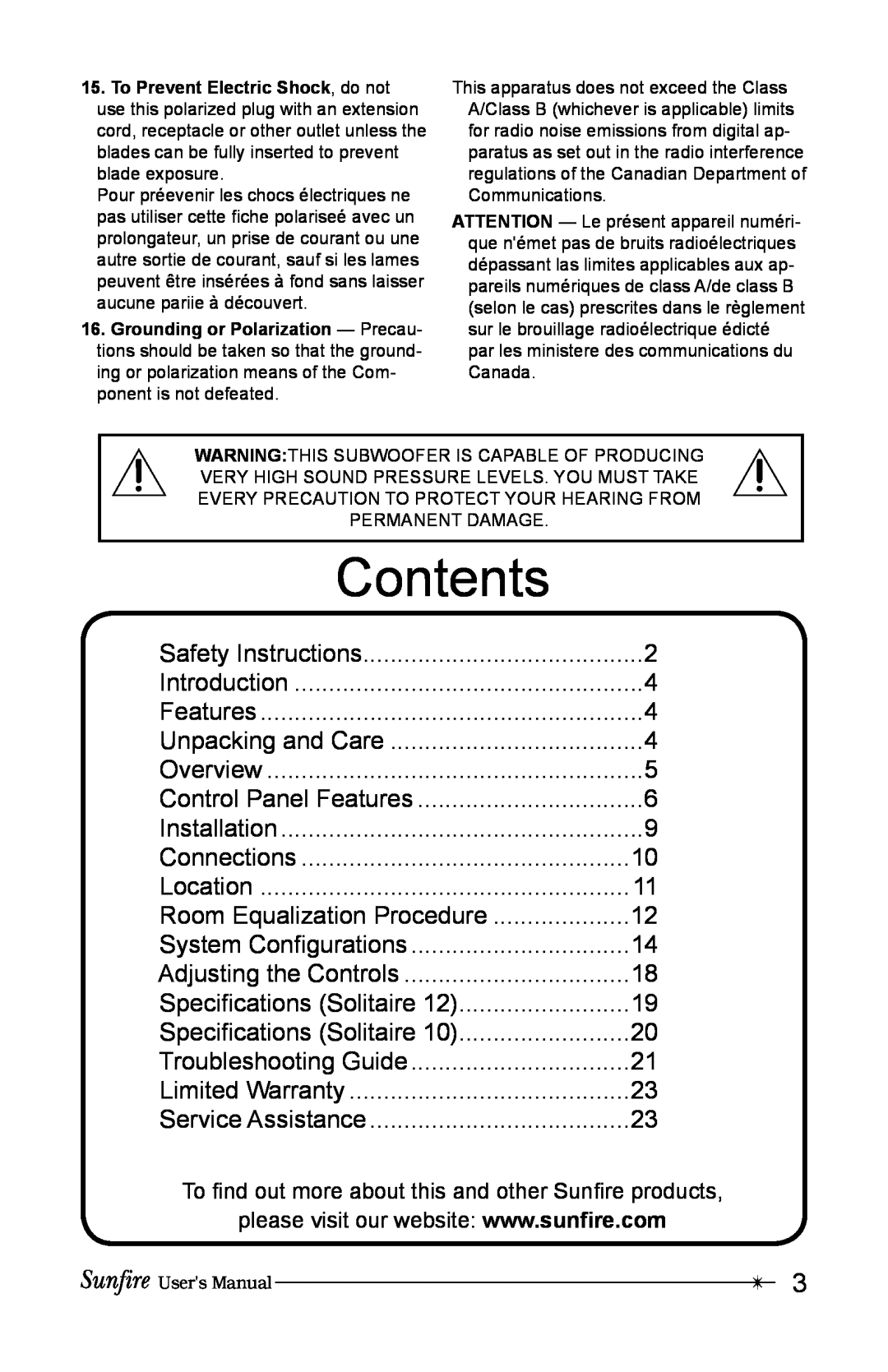 Sunfire 12 user manual Contents 