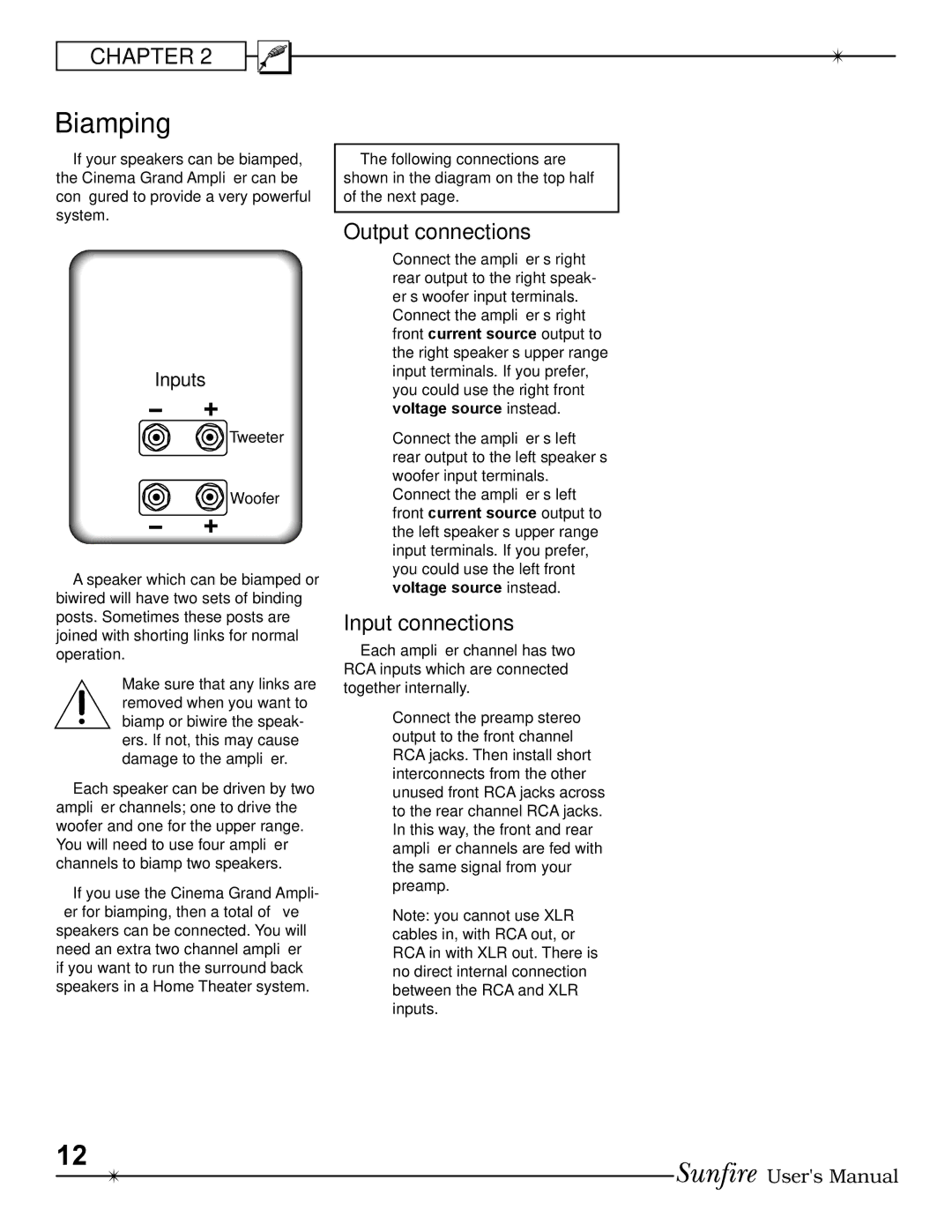 Sunfire 200 seven, 400 seven manual Biamping, Output connections, Input connections 
