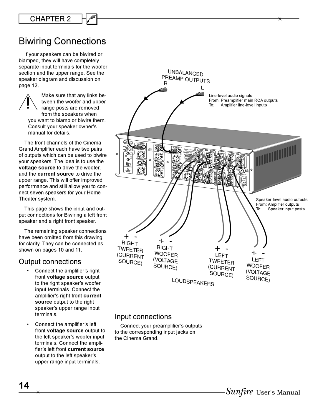 Sunfire 200 seven, 400 seven manual Biwiring Connections, Outputs 