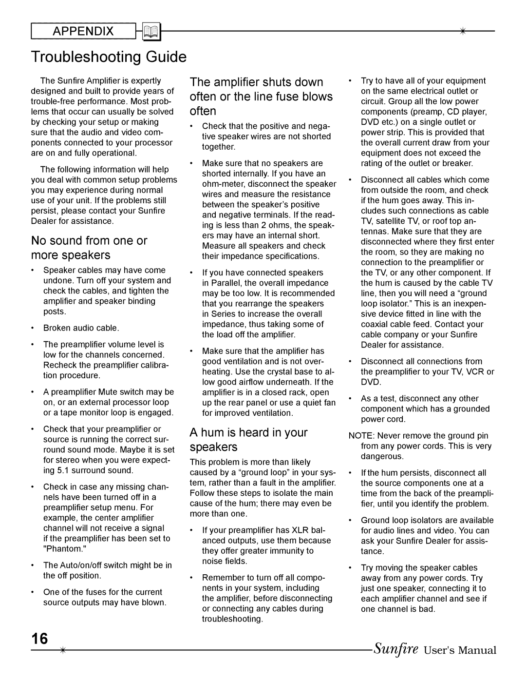 Sunfire 200 seven, 400 seven manual Troubleshooting Guide, No sound from one or more speakers, Hum is heard in your speakers 