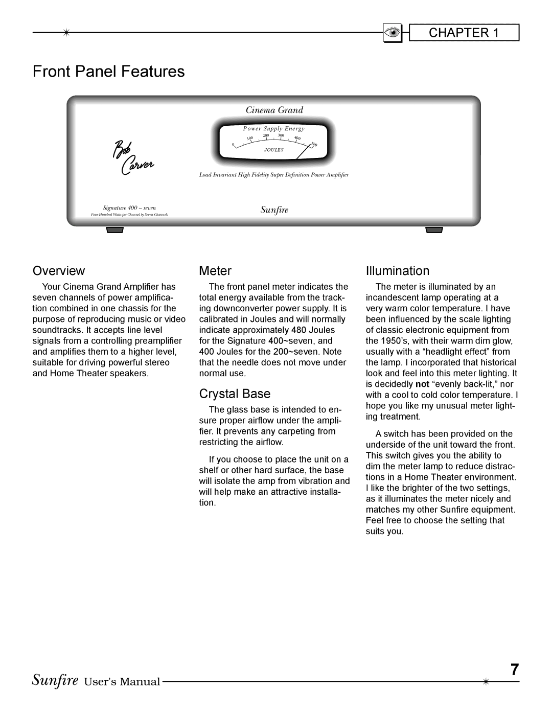 Sunfire 400 seven, 200 seven manual Front Panel Features, Overview, Meter, Crystal Base, Illumination 