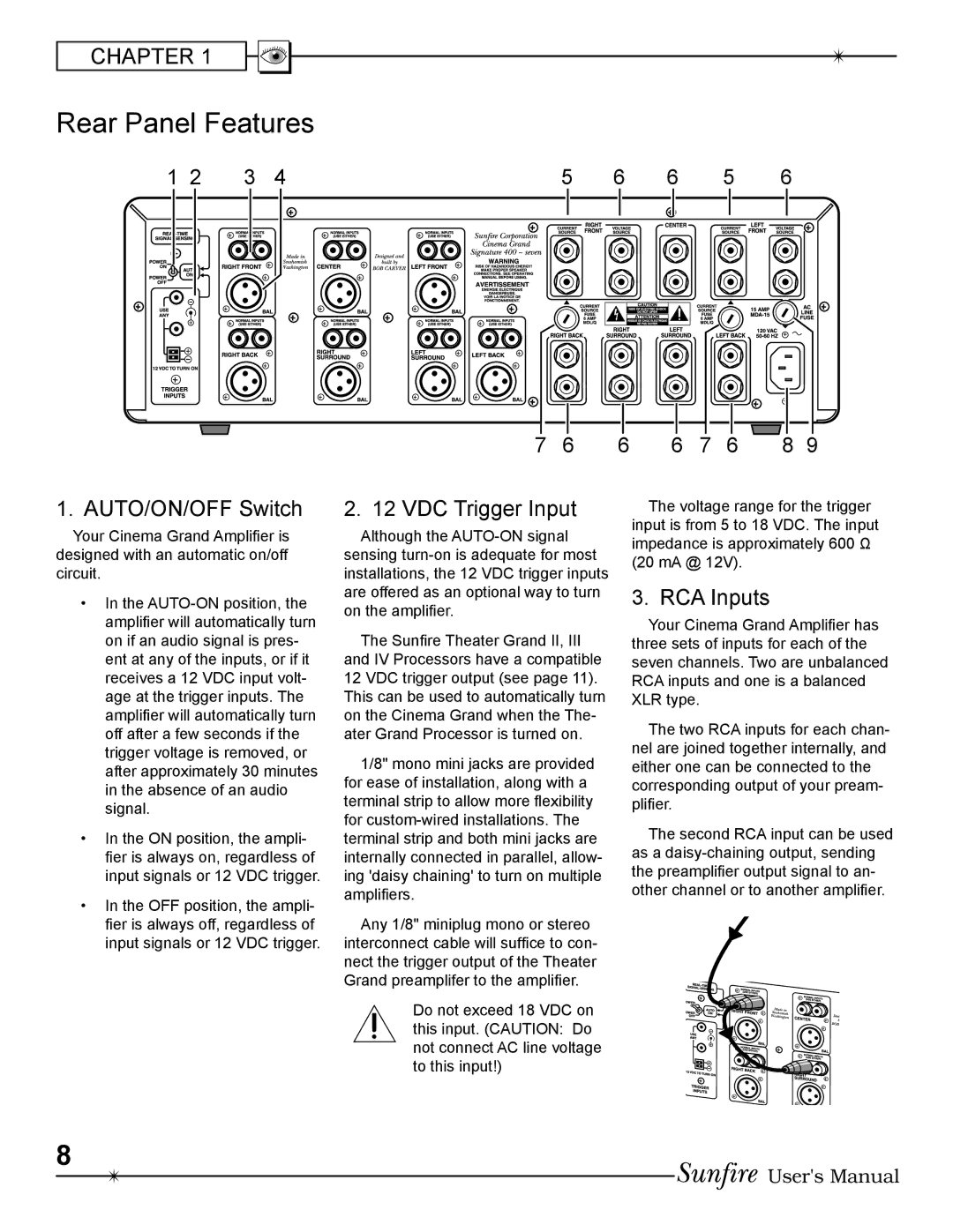 Sunfire 200 seven, 400 seven manual Rear Panel Features, AUTO/ON/OFF Switch, VDC Trigger Input, RCA Inputs 