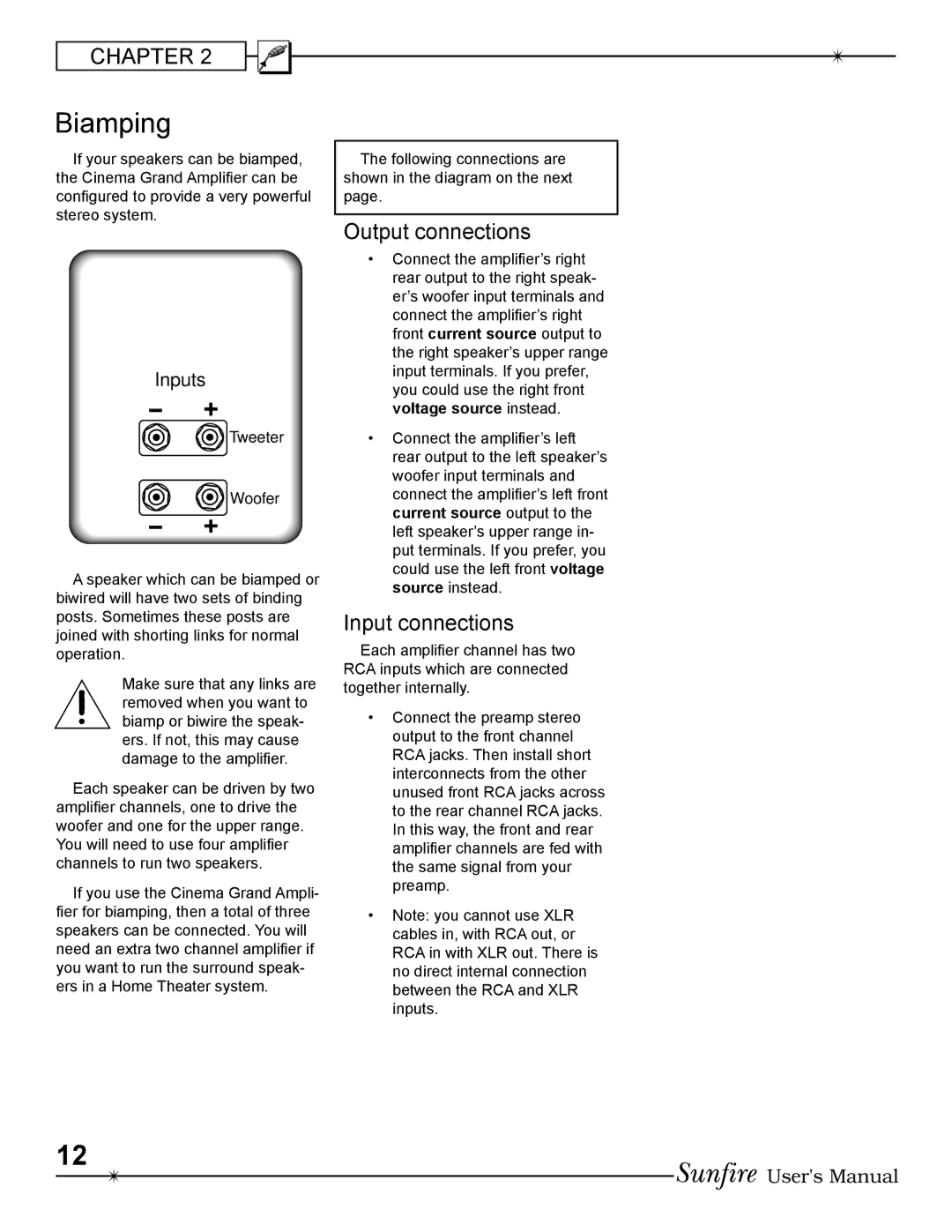 Sunfire 400 ~ five, 200 ~ five manual Biamping, Output connections, Input connections 