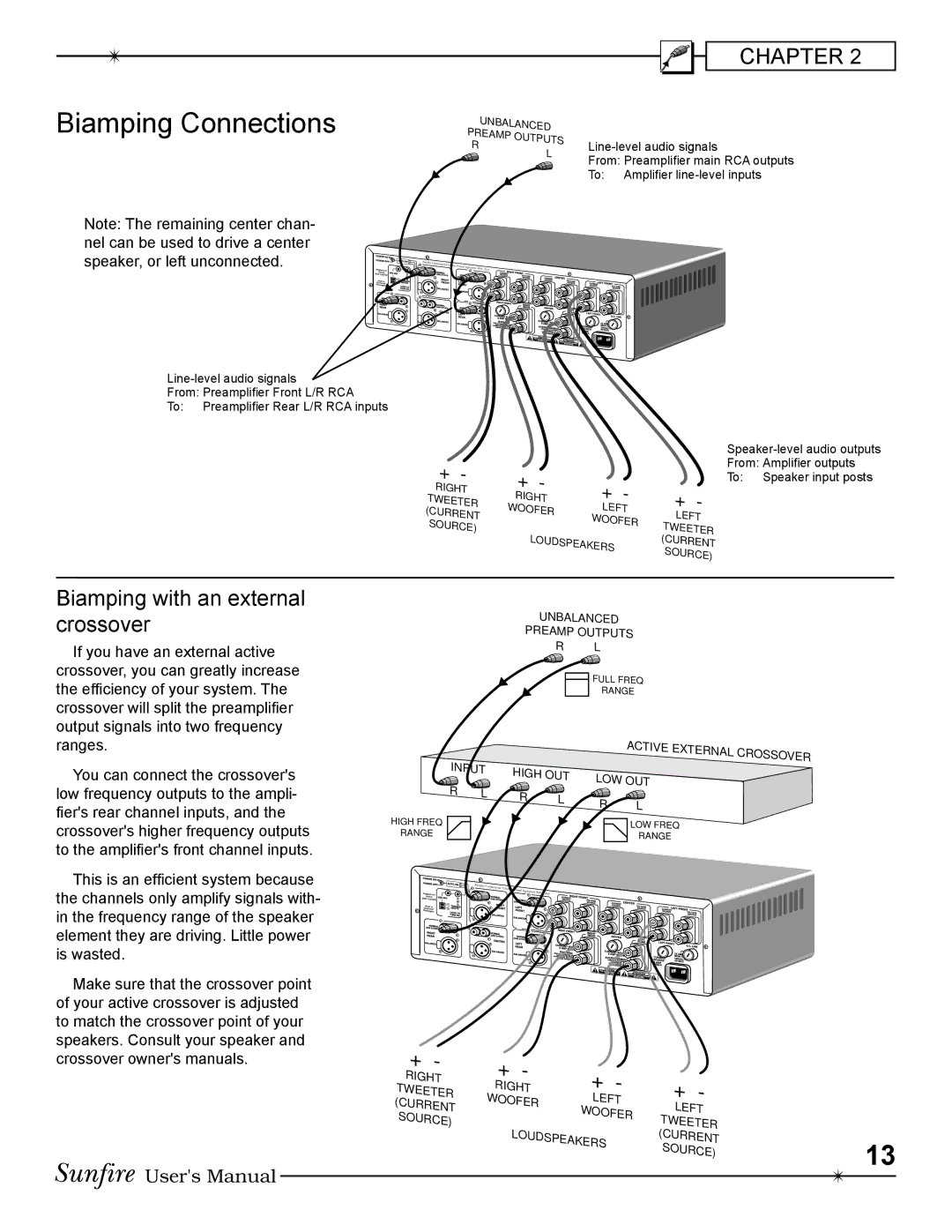 Sunfire 200 ~ five, 400 ~ five manual Biamping Connections, Biamping with an external crossover 