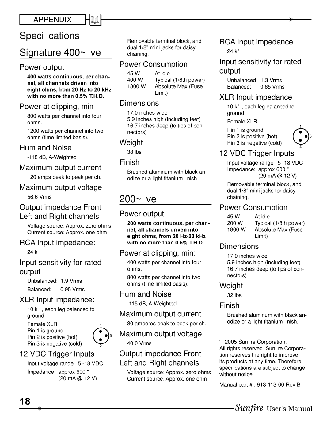 Sunfire 400 ~ five, 200 ~ five manual SpeciÞcations Signature 400~Þve, 200~Þve 